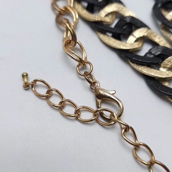 Black Gold Chunky Statement Necklace Matching Oval Drop Earrings Textured - Picture 7 of 9